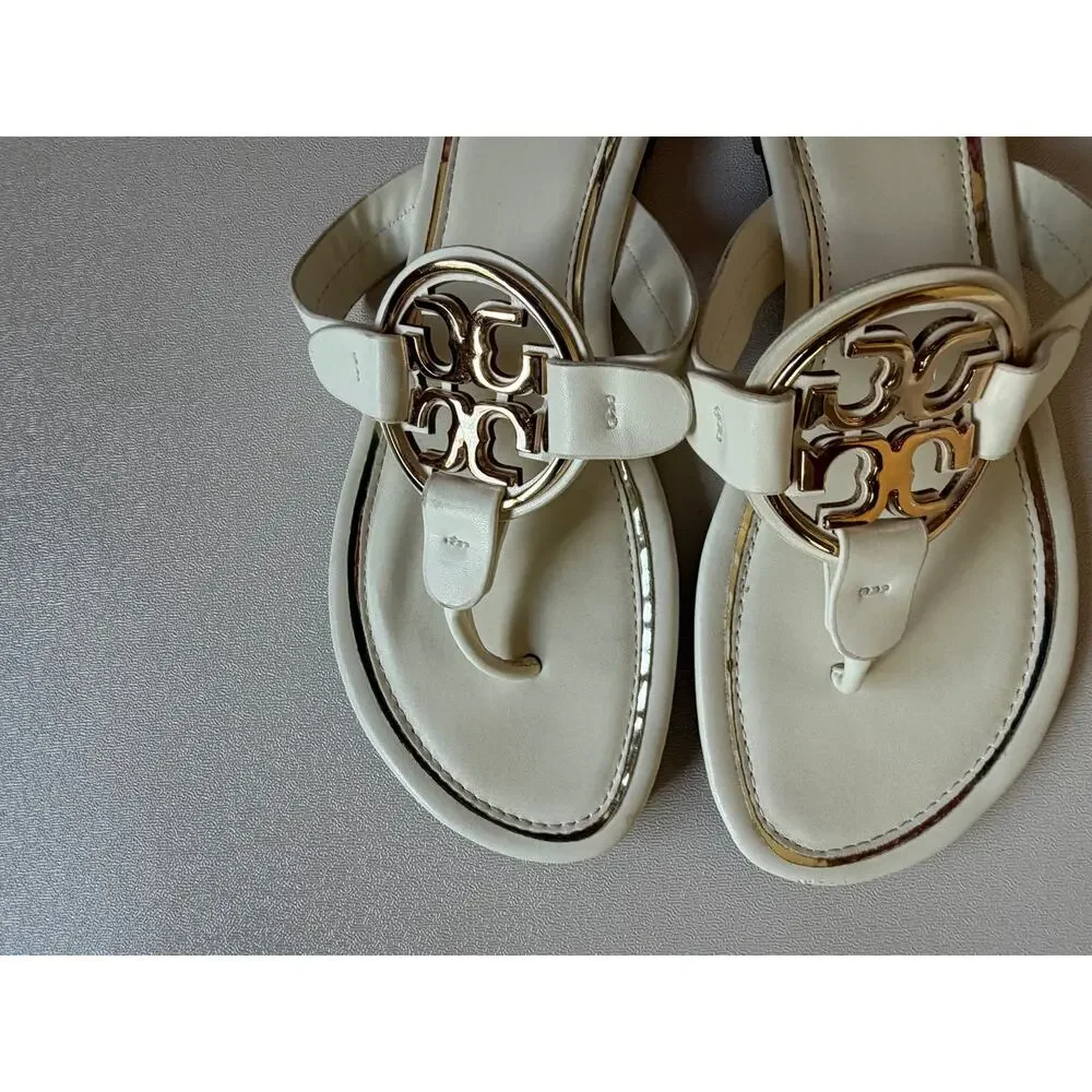 Tory Burch White and Gold Miller Thong Sandals